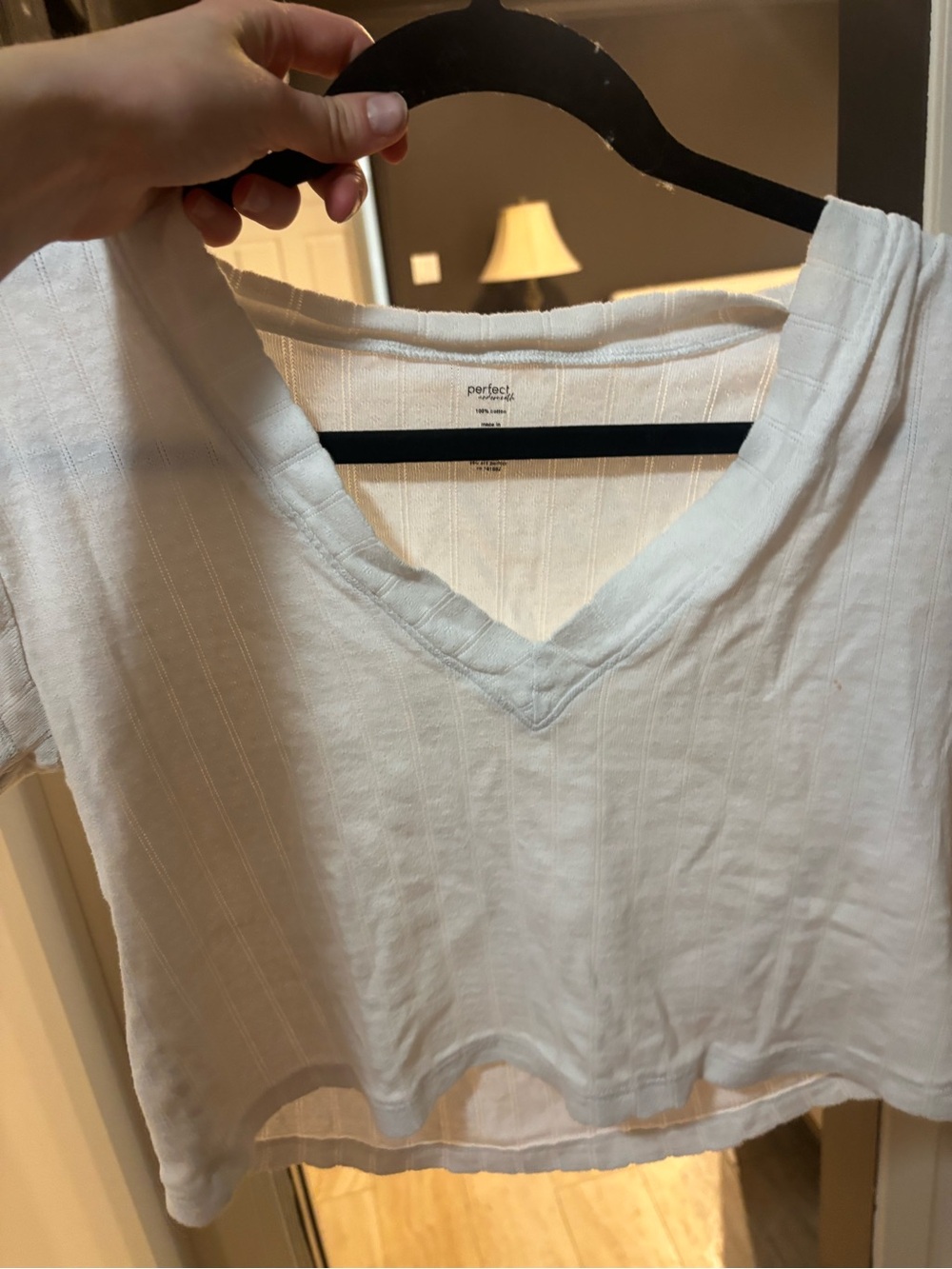 perfectwhitetee White V-Neck Ribbed Pointelle Short Sleeve Tee